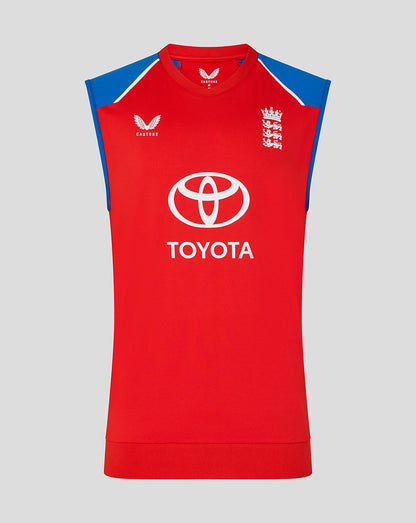 Red sleeveless sports top with blue shoulders featuring Toyota logo on a gray background