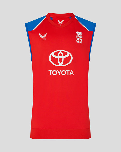 Red sleeveless sports top with blue shoulders featuring Toyota logo on a gray background