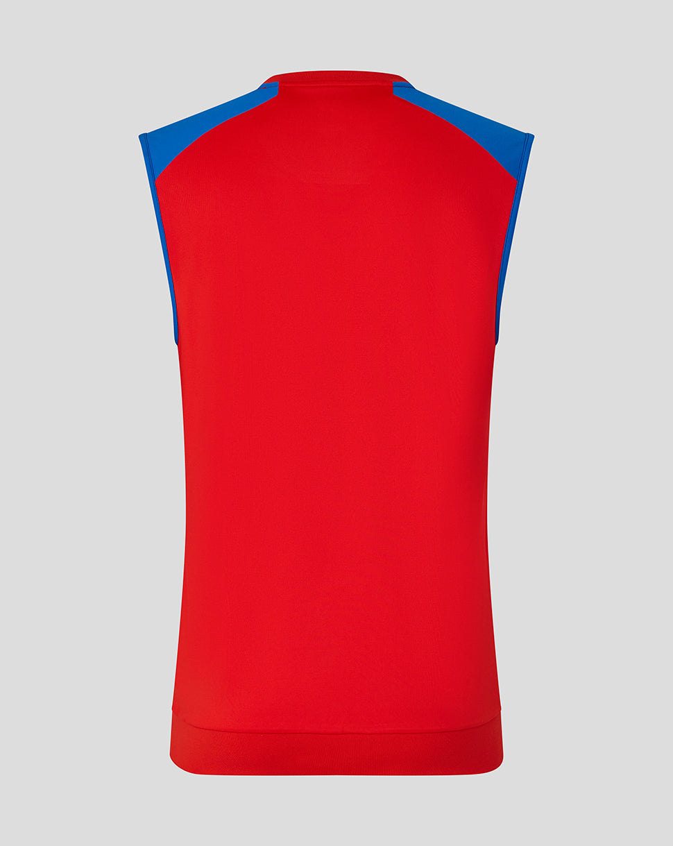 Red sleeveless shirt with blue shoulders on a gray background
