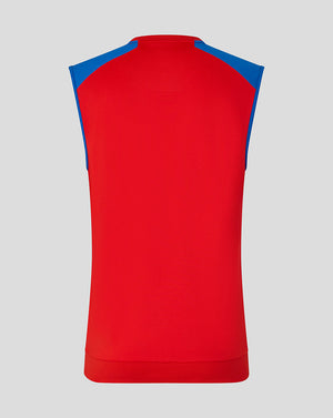 Red sleeveless shirt with blue shoulders on a gray background