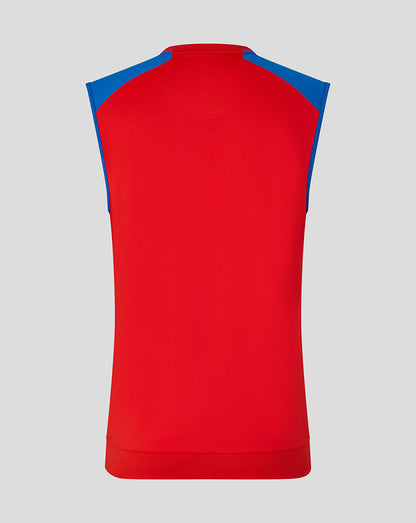 Red sleeveless shirt with blue shoulders on a gray background