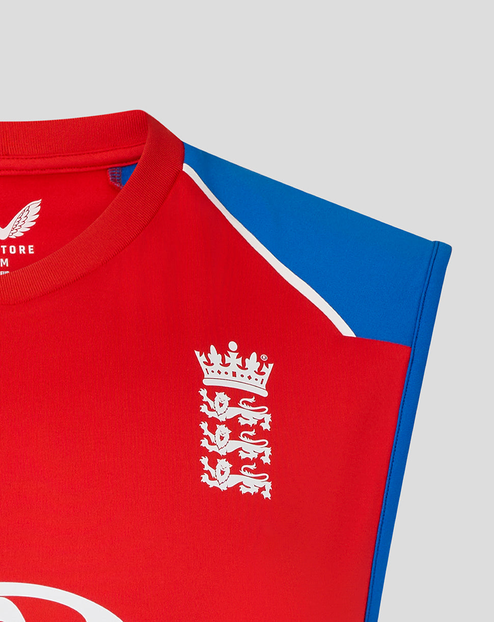 Red sports jersey with blue sleeves and a white emblem on a gray background