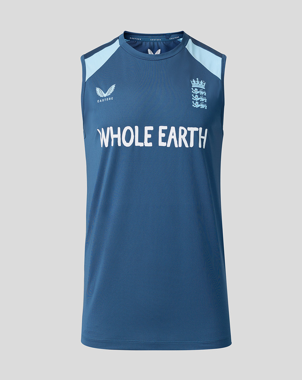 Blue sleeveless shirt with 'Whole Earth' text and logo on a gray background