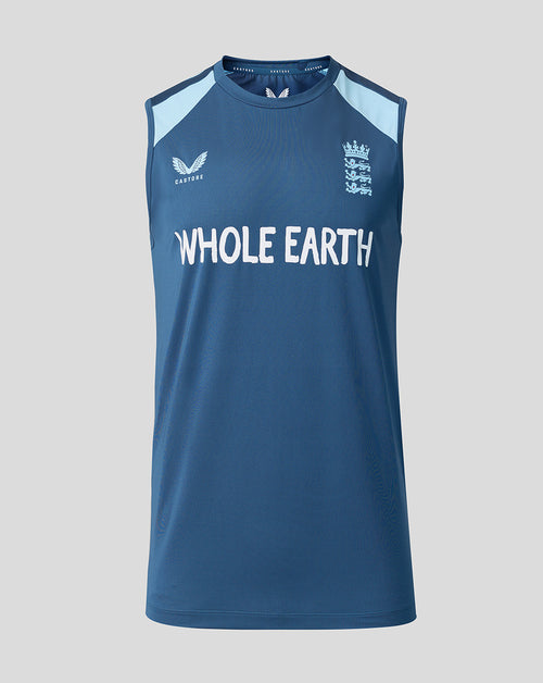 Blue sleeveless shirt with 'Whole Earth' text and logo on a gray background
