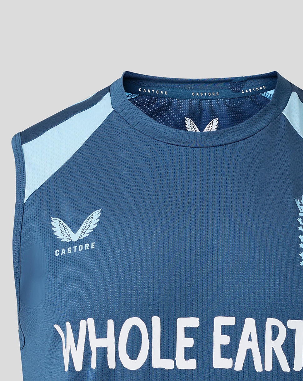 Blue athletic sleeveless shirt with 'Castore' branding and 'Whole Earth' text on a gray background