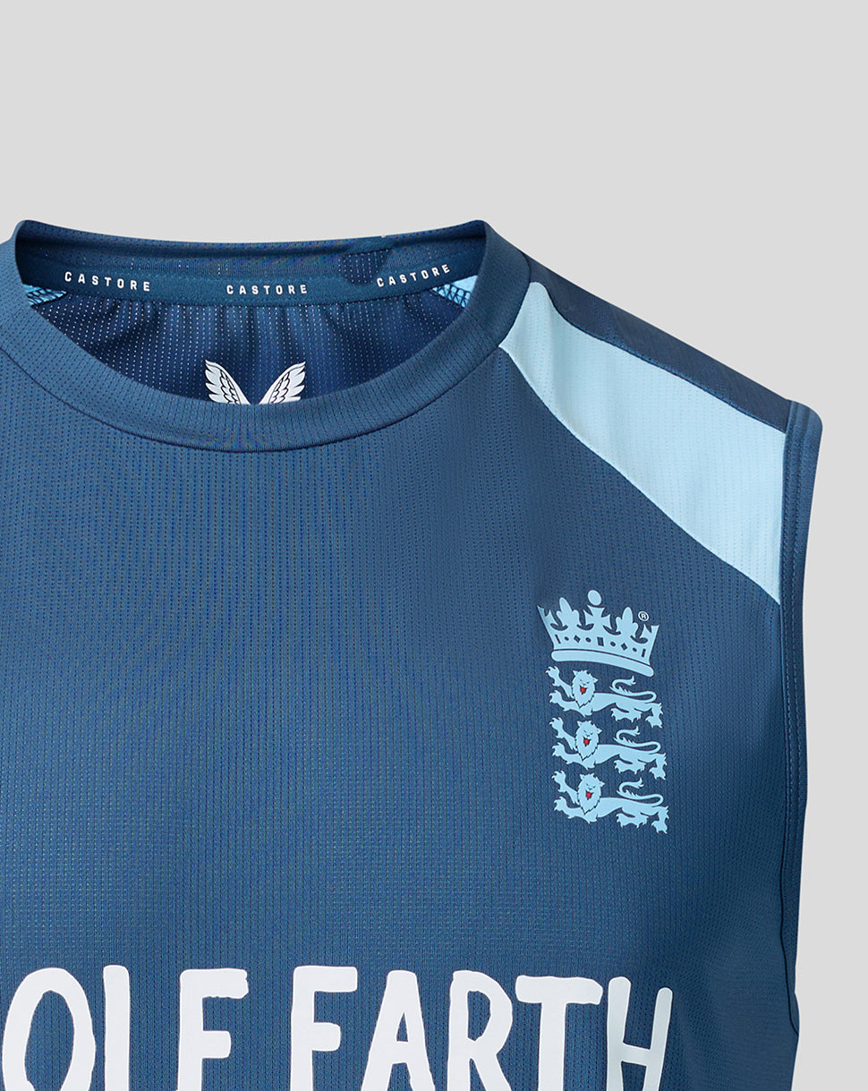 Blue sleeveless sports top with white text and logo on a gray background