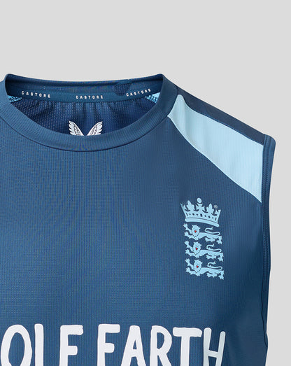 Blue sleeveless sports top with white text and logo on a gray background