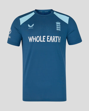 Blue sports jersey with 'Whole Earth' branding on a gray background