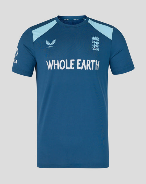 Blue sports jersey with 'Whole Earth' branding on a gray background