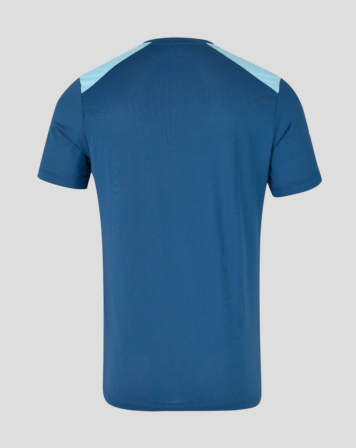 Blue t-shirt with light blue accents on a gray background