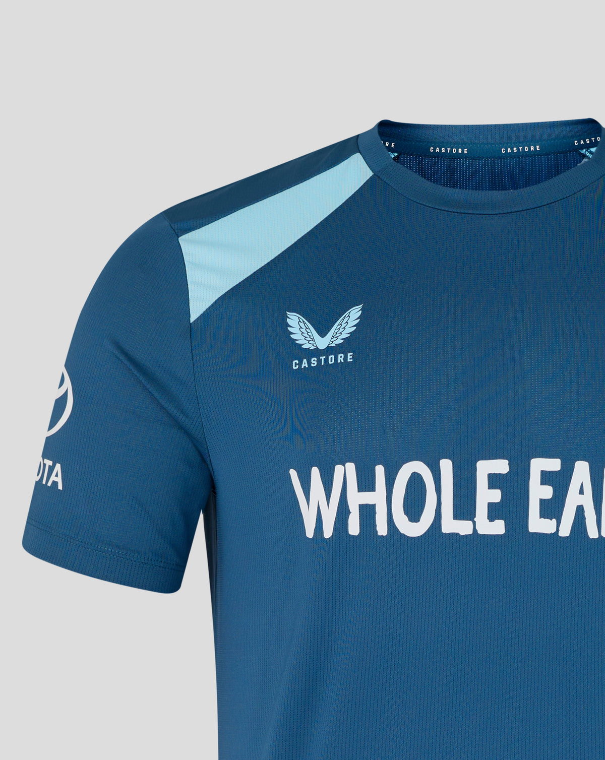 Blue sports jersey with 'Castore' logo and 'Whole Earth' text on a gray background