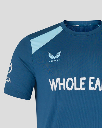 Blue sports jersey with 'Castore' logo and 'Whole Earth' text on a gray background