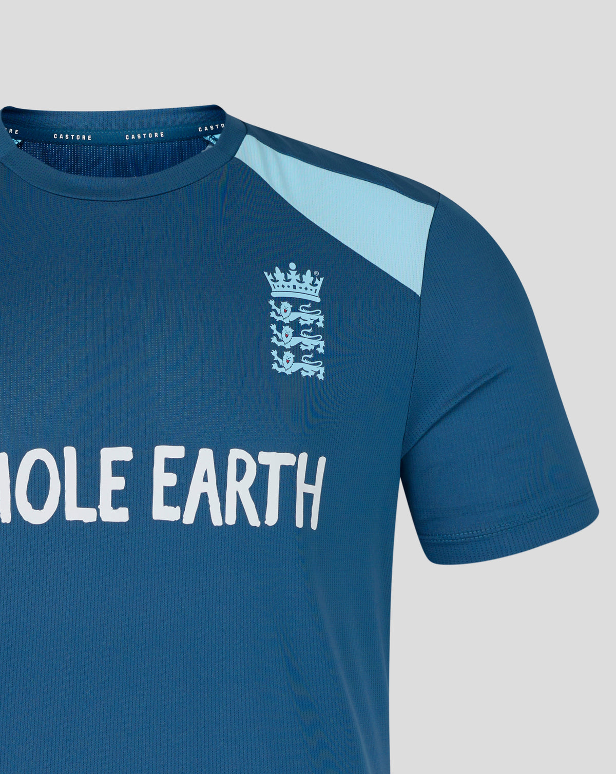 Blue sports jersey with 'Whole Earth' text and emblem on a gray background