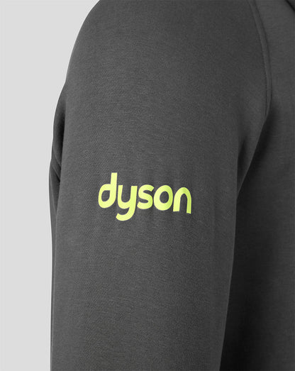 Close-up of a dark gray sweatshirt sleeve featuring a bright neon yellow-green 'dyson' logo printed on the upper arm.