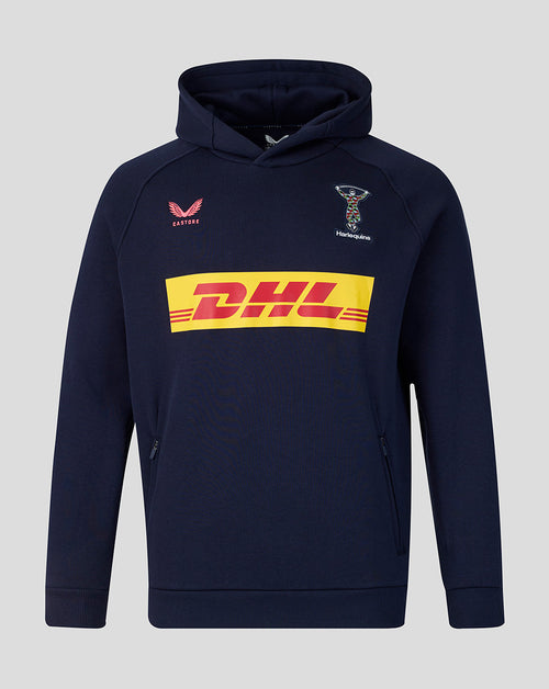 Navy hoodie with DHL logo on a gray background
