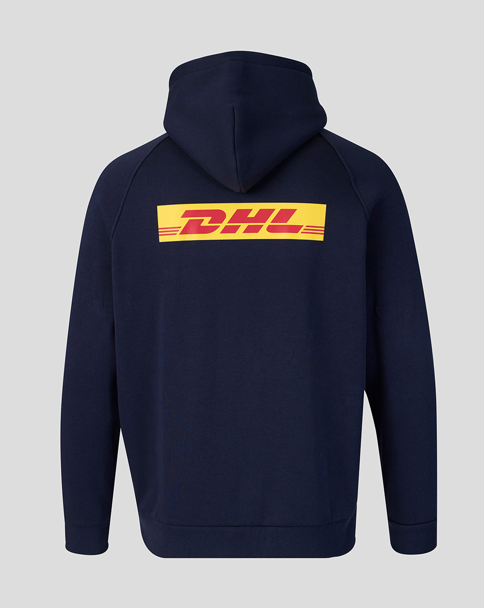 Navy blue hoodie with DHL logo on the back against a light gray background