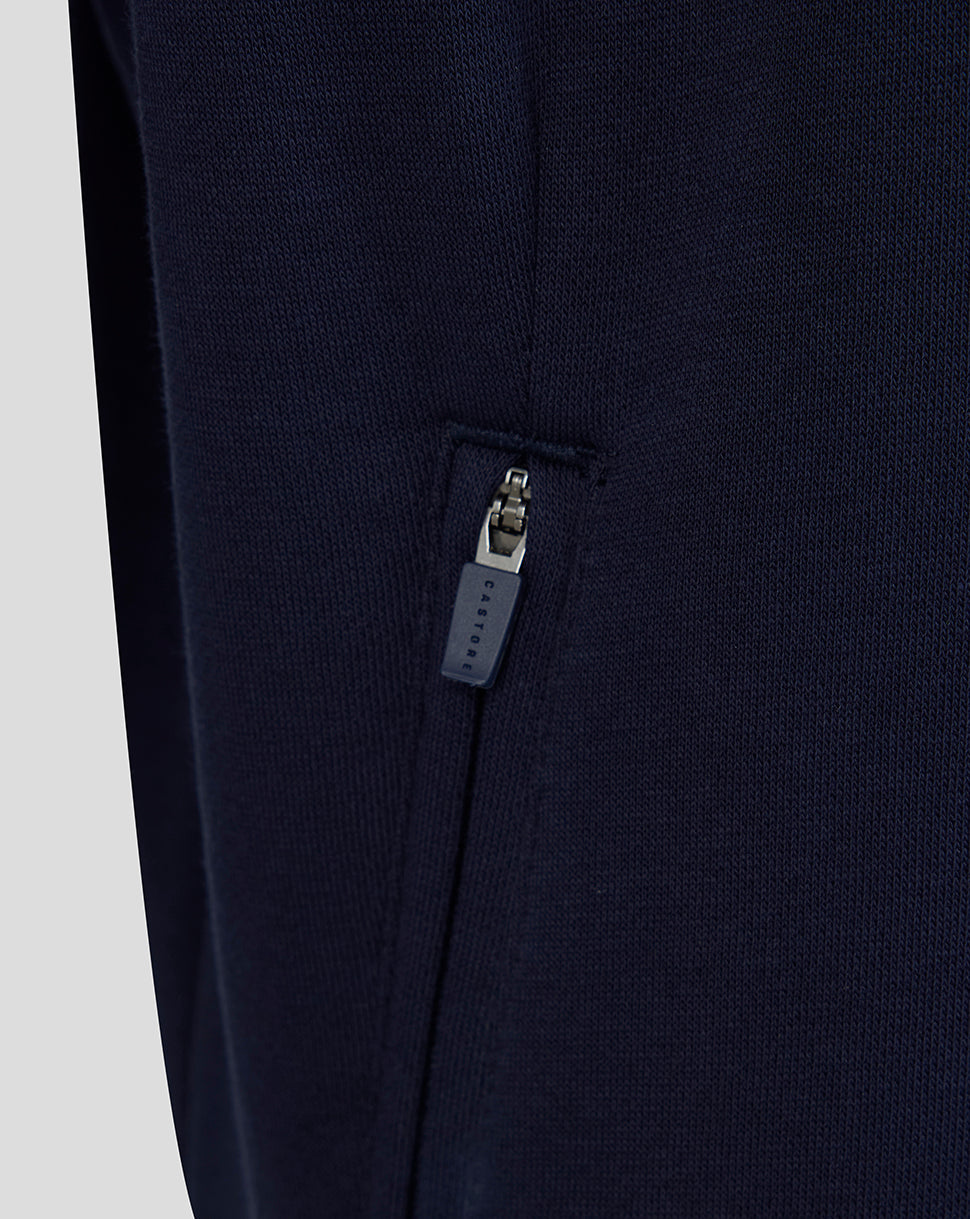 Navy blue pants with a zipper detail on a light gray background
