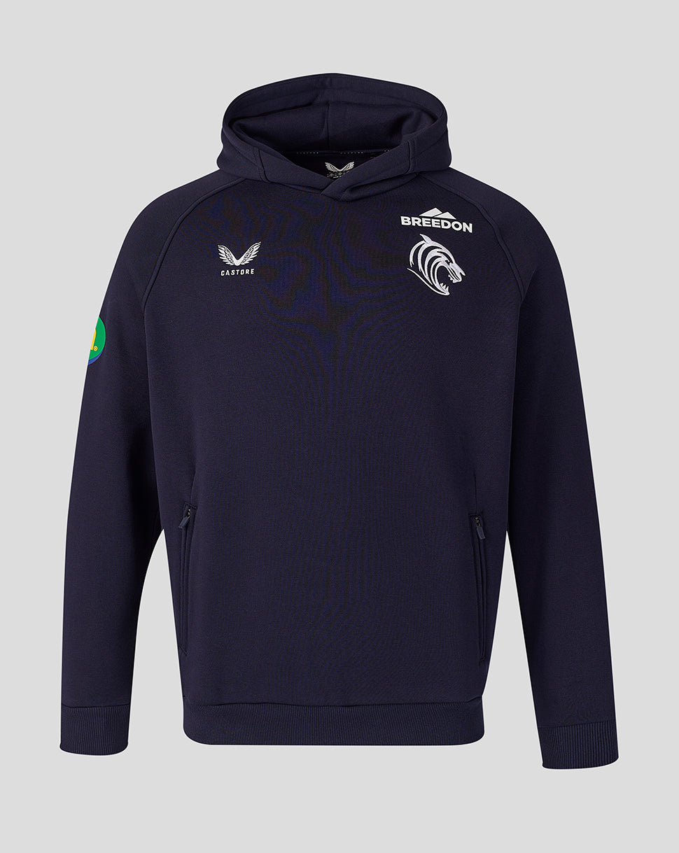 Leicester Tigers navy travel hoodie front view with club crest and Castore branding on chest and a circular patch on the left sleeve