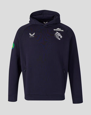Leicester Tigers navy travel hoodie front view with club crest and Castore branding on chest and a circular patch on the left sleeve