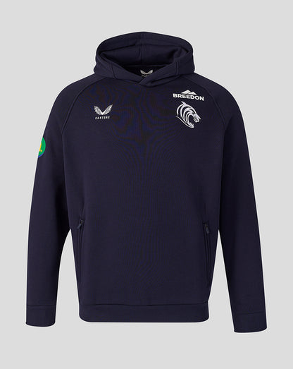 Leicester Tigers navy travel hoodie front view with club crest and Castore branding on chest and a circular patch on the left sleeve