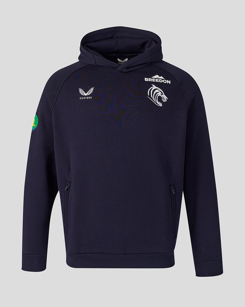 Leicester Tigers navy travel hoodie front view with club crest and Castore branding on chest and a circular patch on the left sleeve