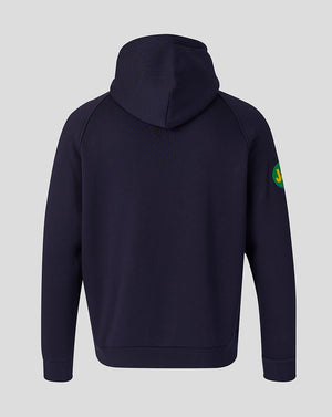 Back view of navy Leicester Tigers travel hoodie with hood and clean back silhouette