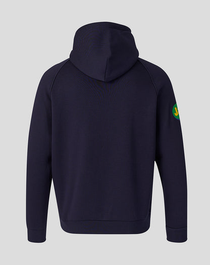 Back view of navy Leicester Tigers travel hoodie with hood and clean back silhouette