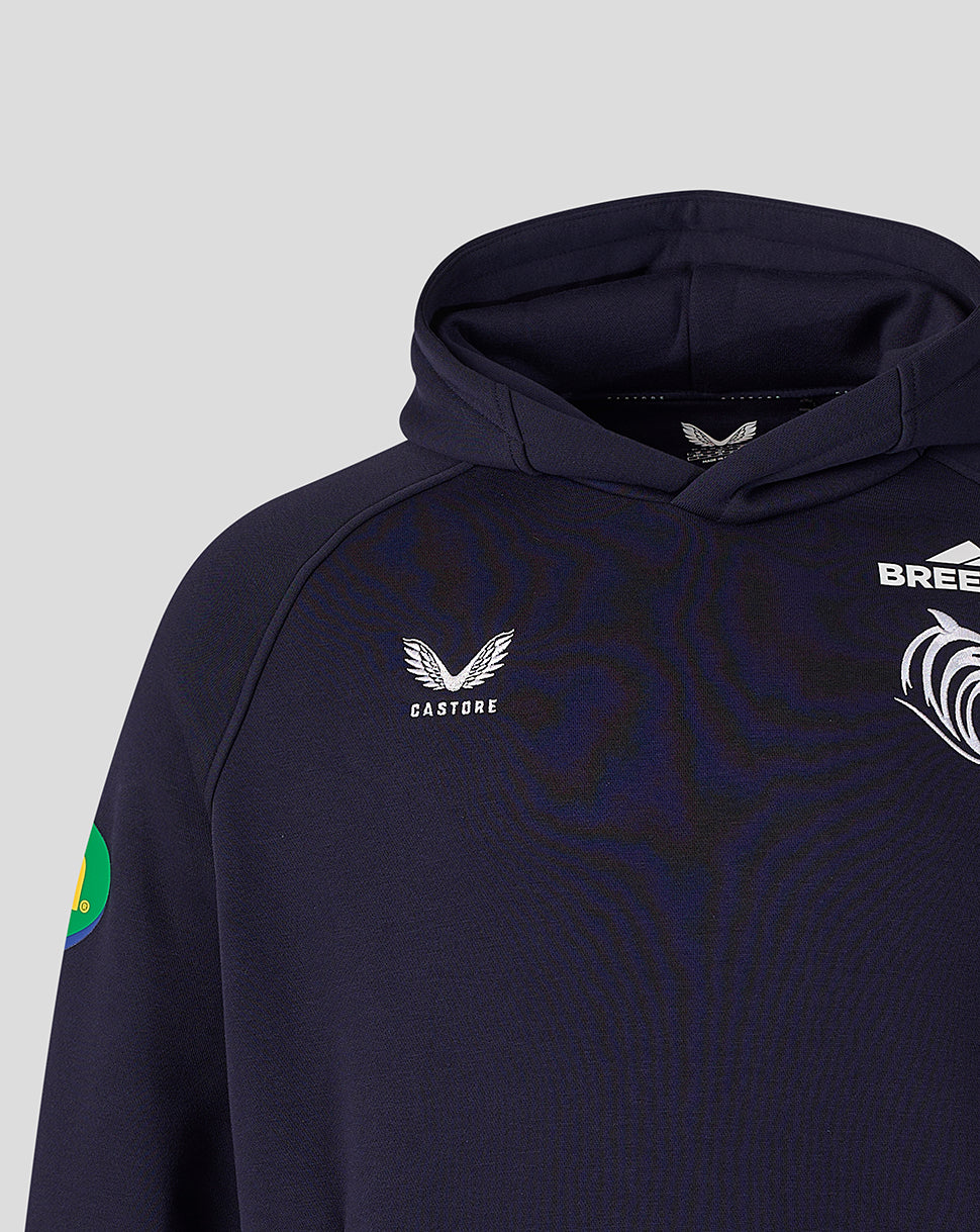 Close up of navy Leicester Tigers hoodie chest area showing Castore logo Breedon branding and sleeve patch