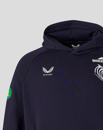 Close up of navy Leicester Tigers hoodie chest area showing Castore logo Breedon branding and sleeve patch
