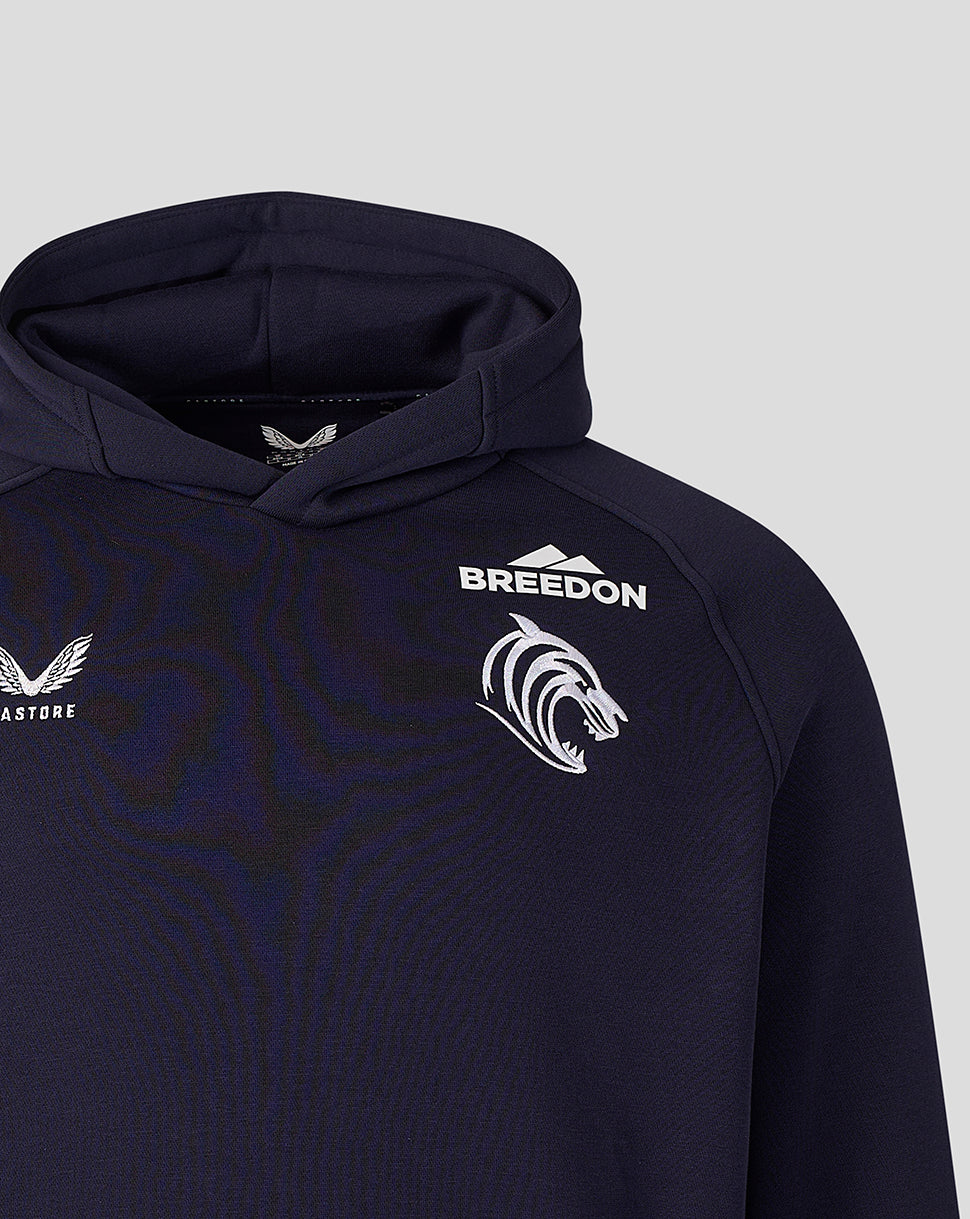 Navy travel hoodie front chest with Castore logo and Breedon sponsor badge featuring a tiger emblem.