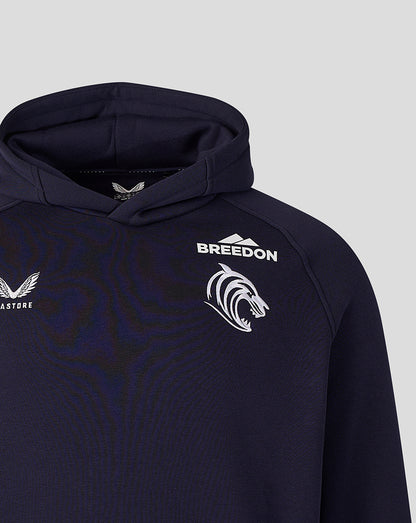 Navy travel hoodie front chest with Castore logo and Breedon sponsor badge featuring a tiger emblem.