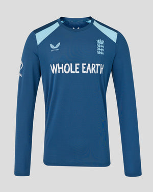 Blue long-sleeve shirt with 'Whole Earth' branding on a gray background