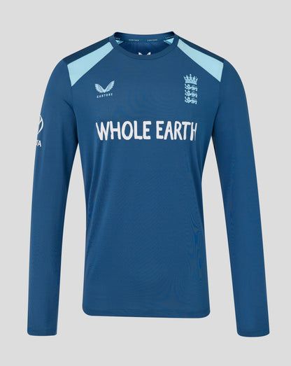 Blue long-sleeve shirt with 'Whole Earth' branding on a gray background