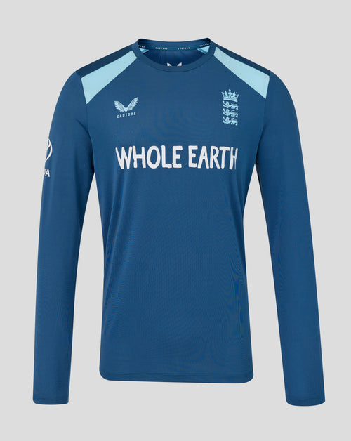 Blue long-sleeve shirt with 'Whole Earth' branding on a gray background