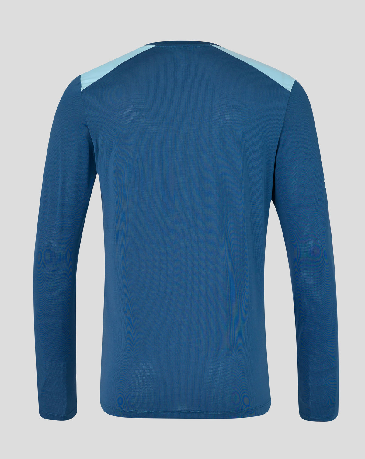 Blue long-sleeve shirt with light blue accents on a gray background