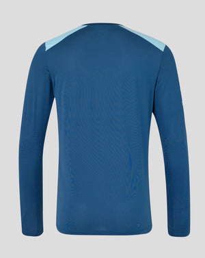 Blue long-sleeve shirt with light blue accents on a gray background