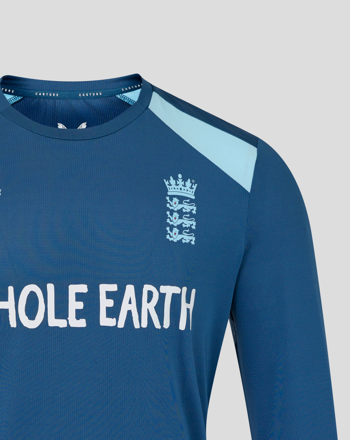 Blue sports jersey with 'WHOLE EARTH' text and a logo on a gray background