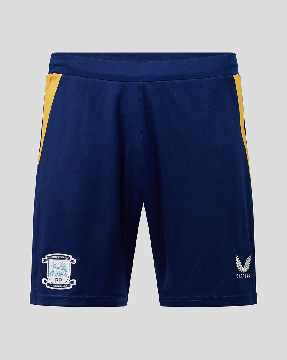 Navy shorts with yellow accents on a gray background