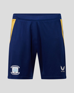 Navy shorts with yellow accents on a gray background