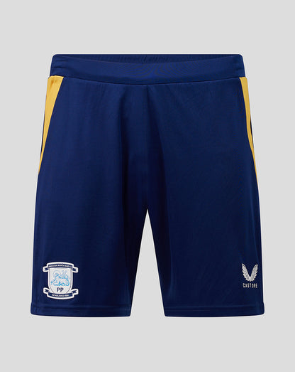 Navy shorts with yellow accents on a gray background