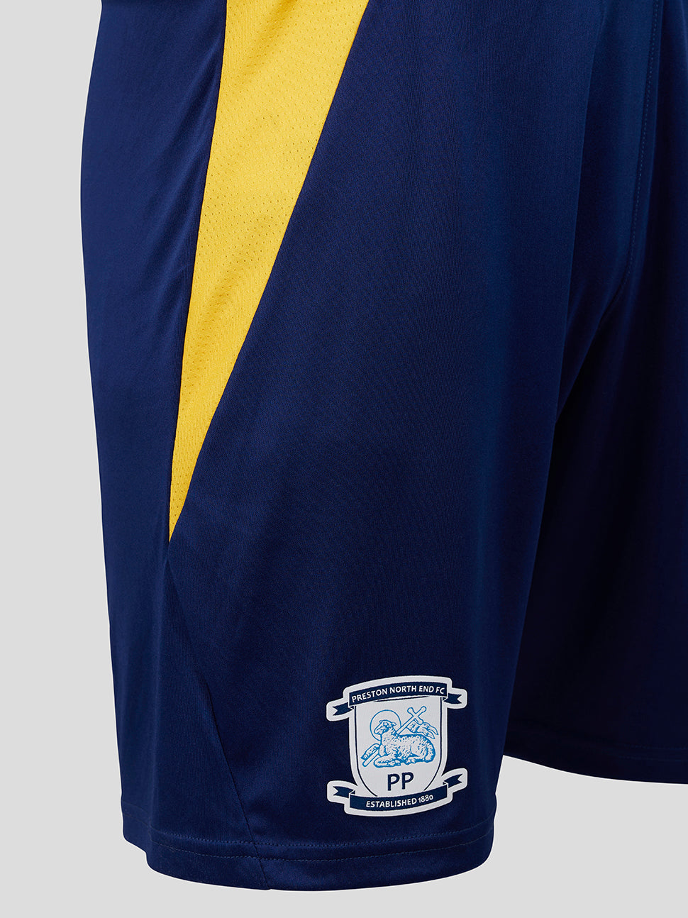 Navy blue shorts with a yellow stripe and a logo on a light gray background