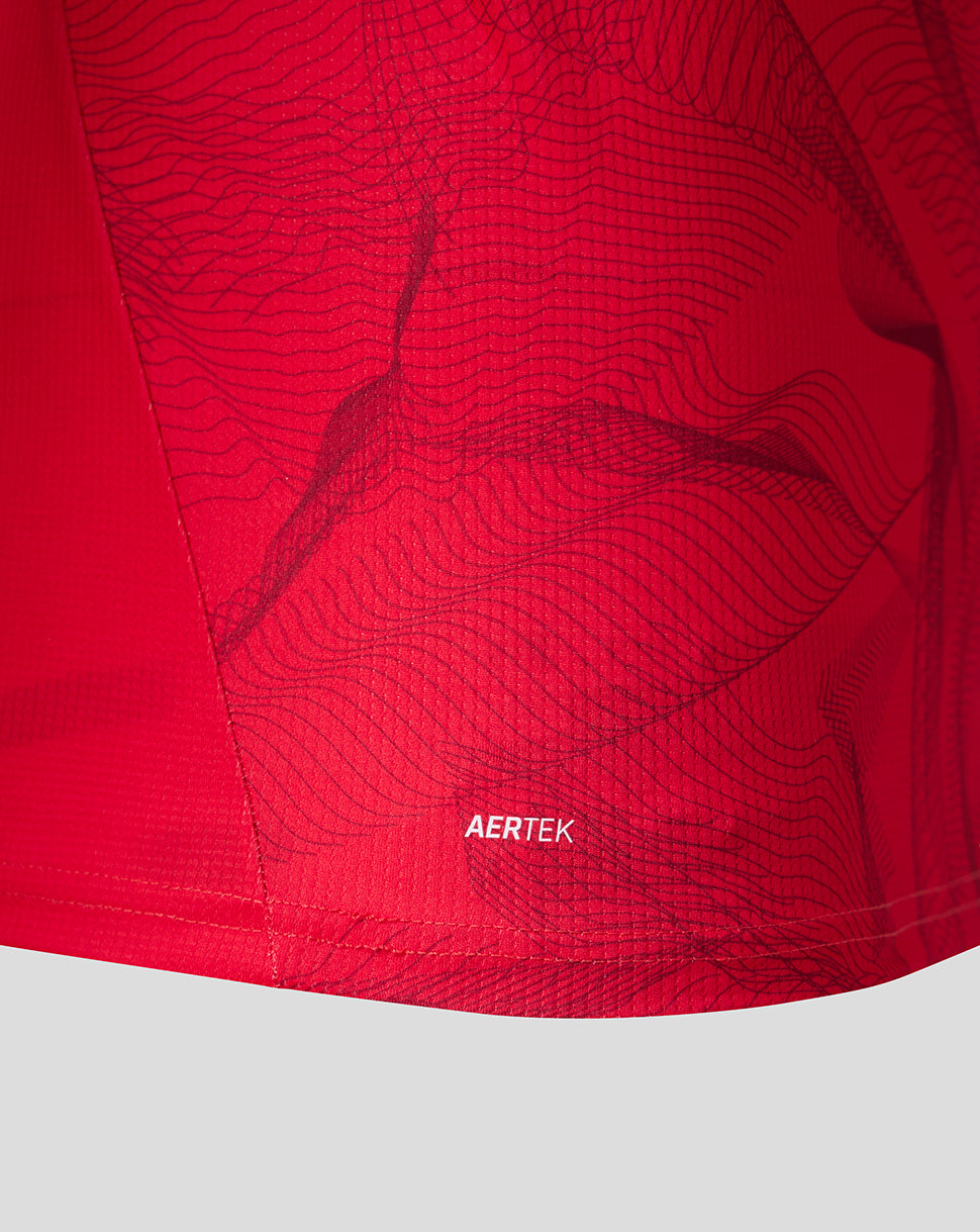 Close-up of the Rococco Red fabric showing a wave pattern and AERTEK branding.