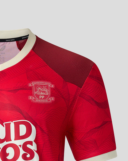 Front view of Preston North End 26/27 third shirt in Rococco Red with dark shoulder panels.
