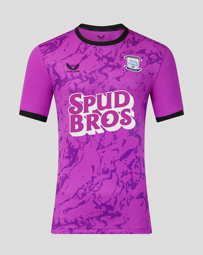 Purple camouflage Preston North End goalkeeper shirt with black trimmed collar and sleeves, crest on the chest and Spud Bros logo across the front.