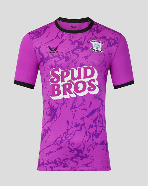 Purple camouflage Preston North End goalkeeper shirt with black trimmed collar and sleeves, crest on the chest and Spud Bros logo across the front.