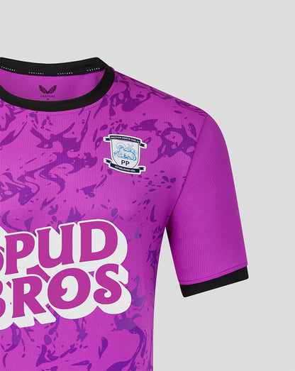Detail of the purple camouflage goalkeeper shirt sleeve with black cuff and the bold Spud Bros logo on the front.