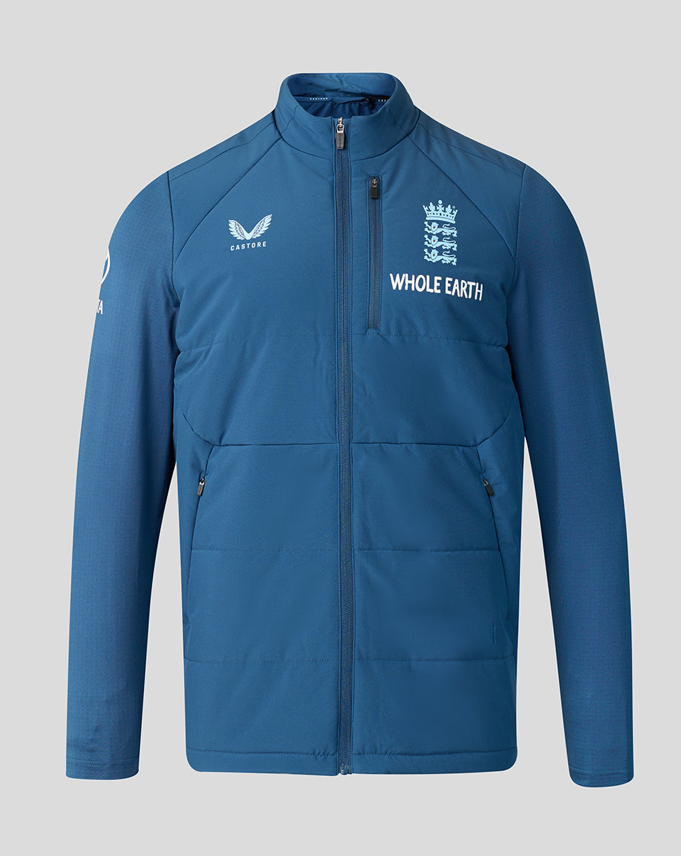 Blue jacket with logos on a gray background