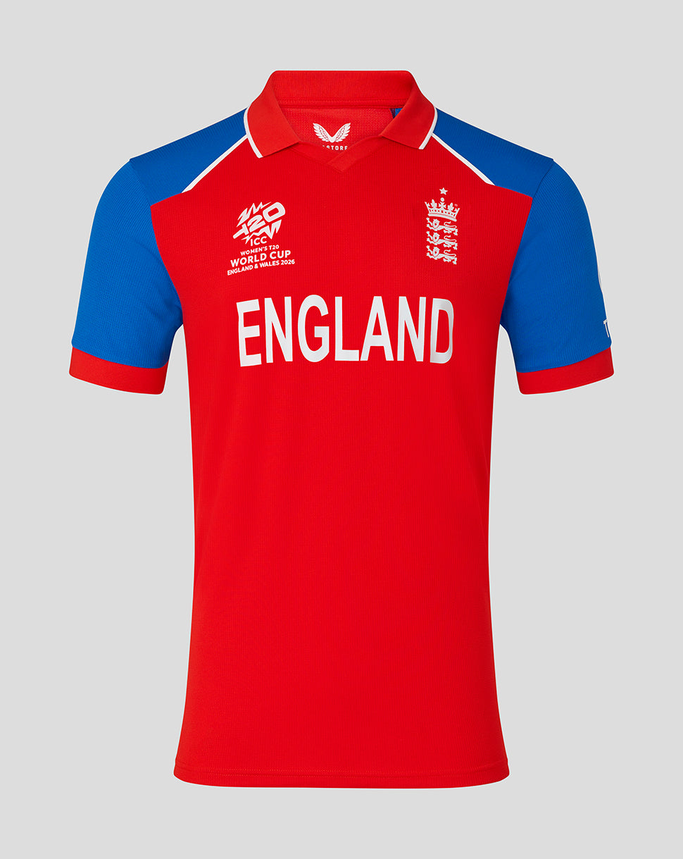 Red England cricket T20 World Cup replica shirt with blue sleeves and ENGLAND across the chest
