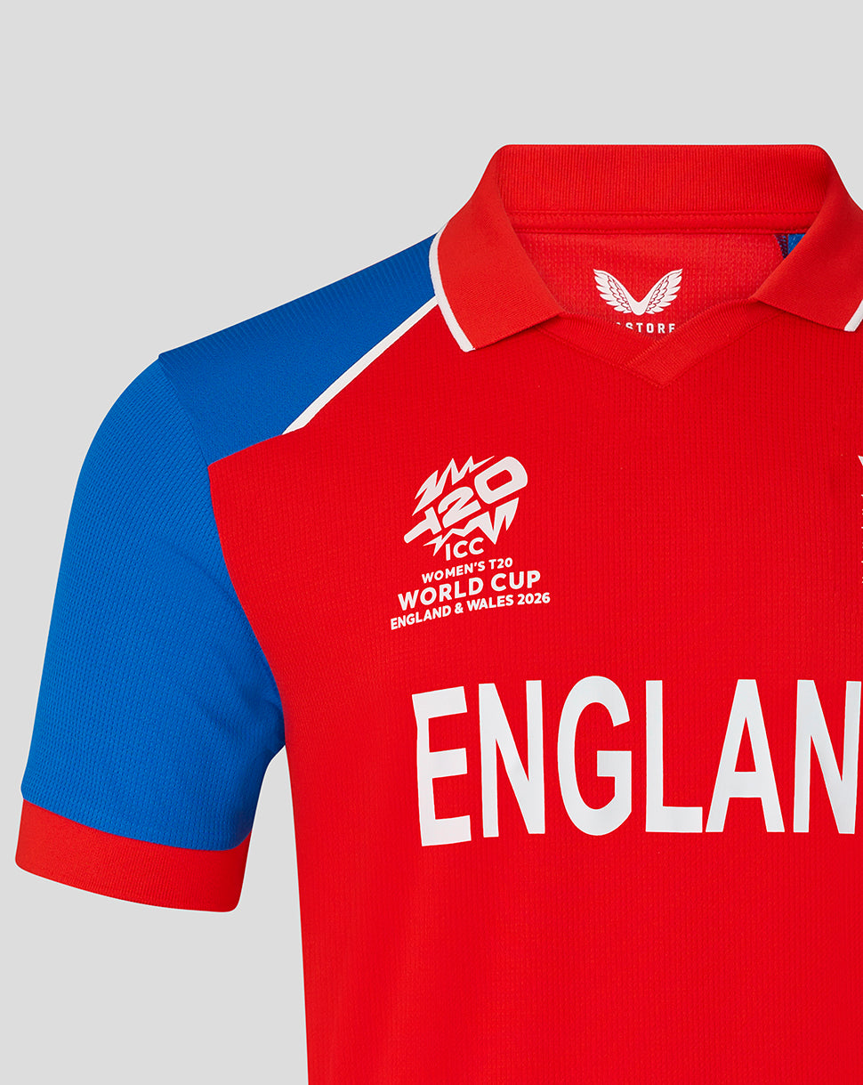 England cricket red World Cup replica shirt with blue shoulder and bold ENGLAND lettering across the chest.