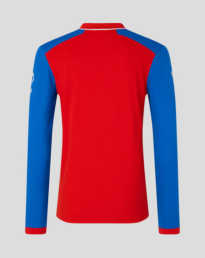Red and blue long-sleeve shirt on a gray background